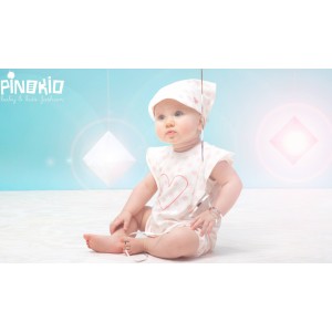 Rampers Letni z Serduszkiem – Pikolina / Różowo-Brzoskwiniowe Groszki, PINOKIO