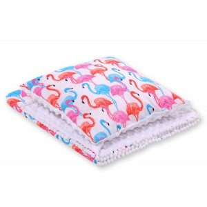 Dwustronny Kocyk Minky z Pomponami, 90x75 cm, Fun&Joy / Flamingi, BOBONO